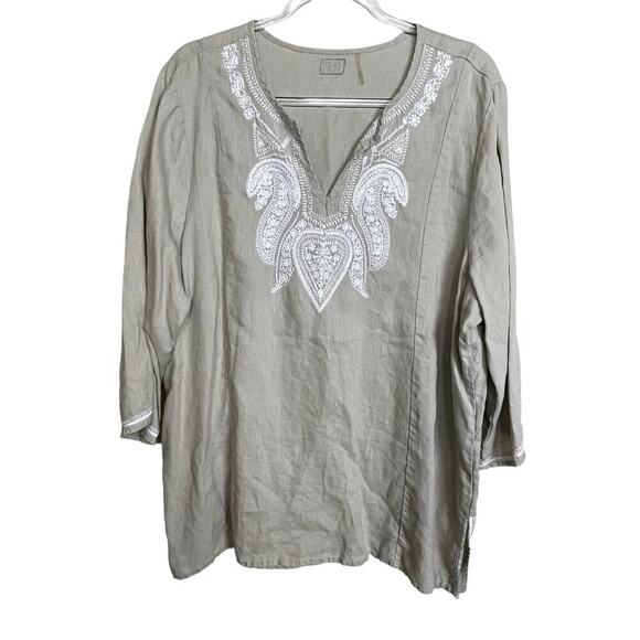 Symple‎ NYC Linen Tunic Embroidered Sequin Oat Tan Size 1X Lagenlook - Picture 1 of 7